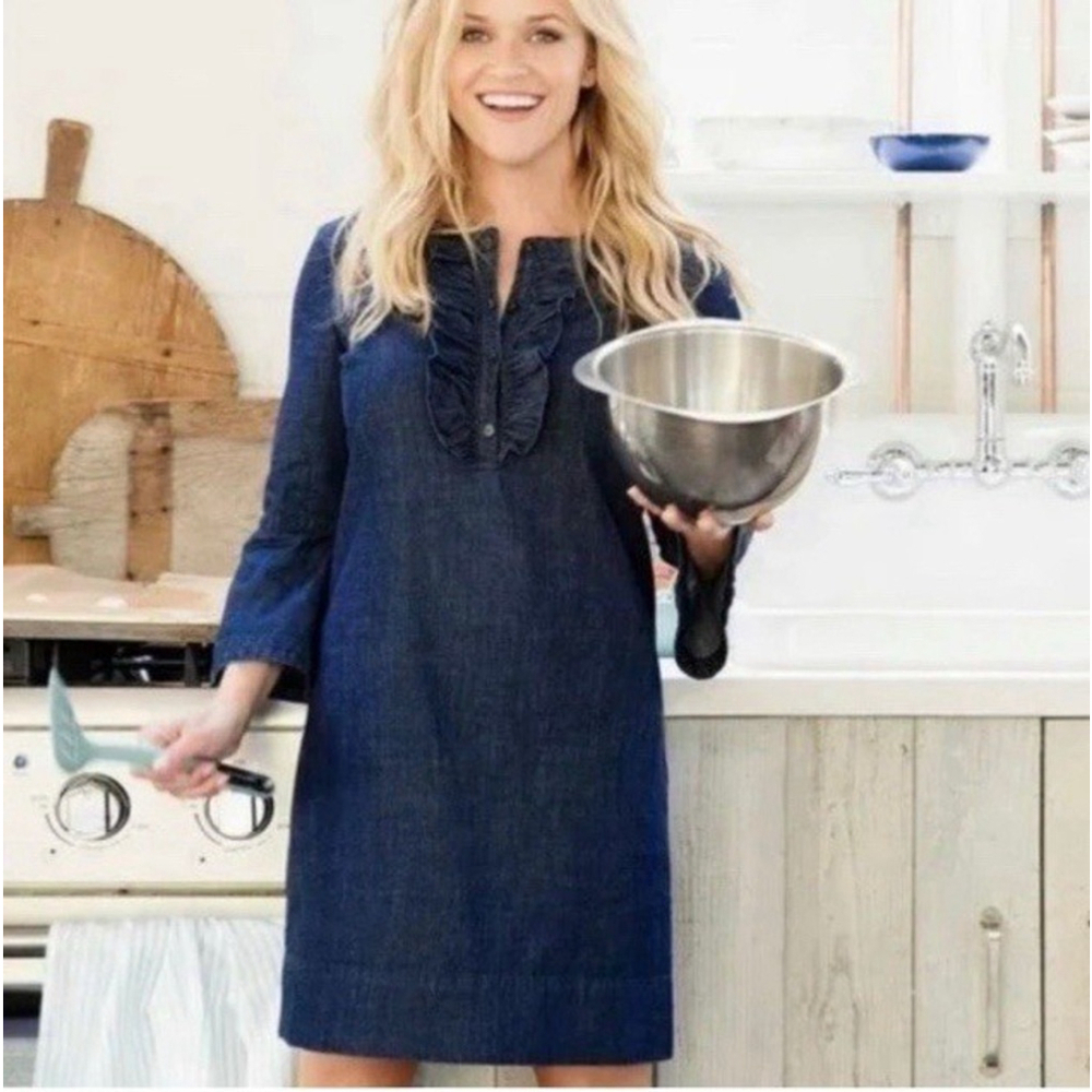 Draper James Dress Sz 4 Blue Chambray Mini Reese Witherspoon 100%‎ Cotton EUC